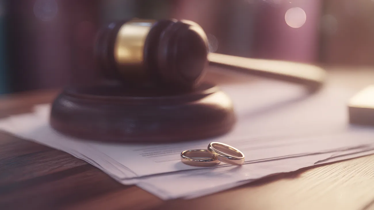 Wedding rings and judge hammer on legal documents
